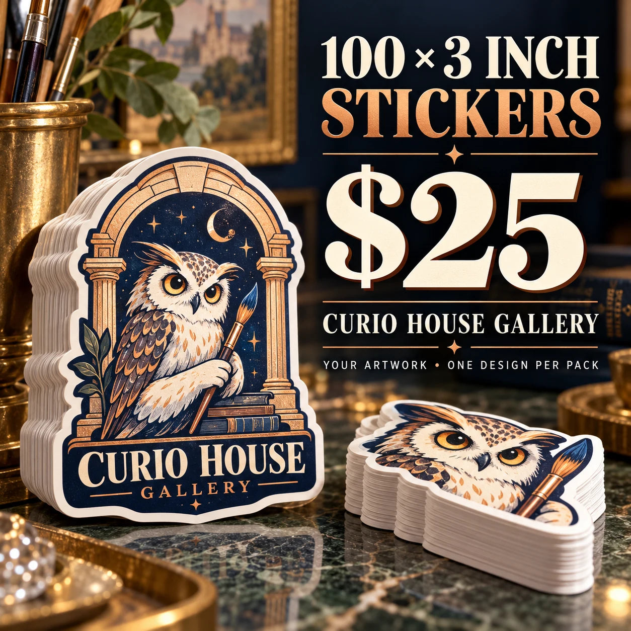 Curio House Gallery fictional example: 100 custom 3 inch stickers for $25