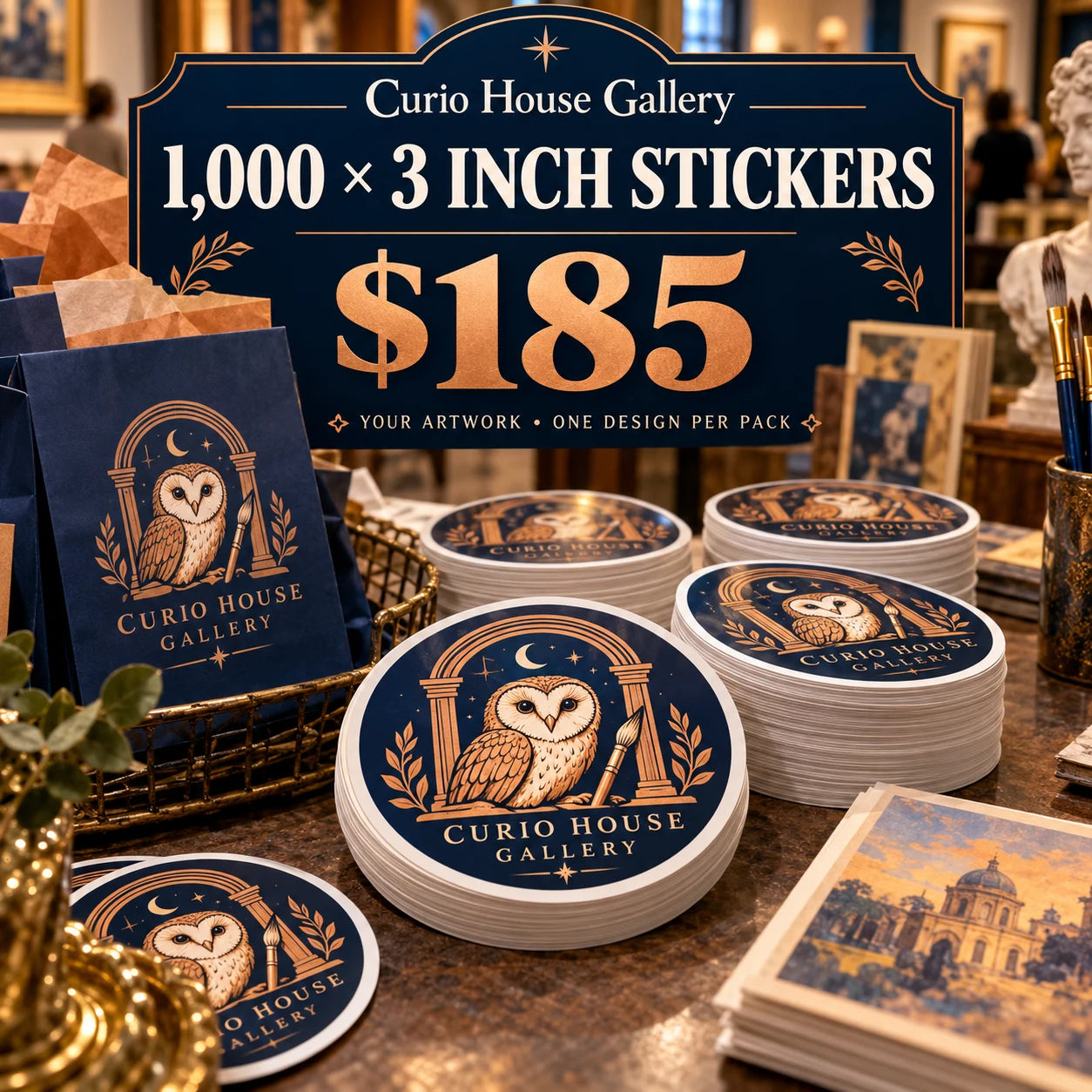 Curio House Gallery fictional packaging and sticker ideas