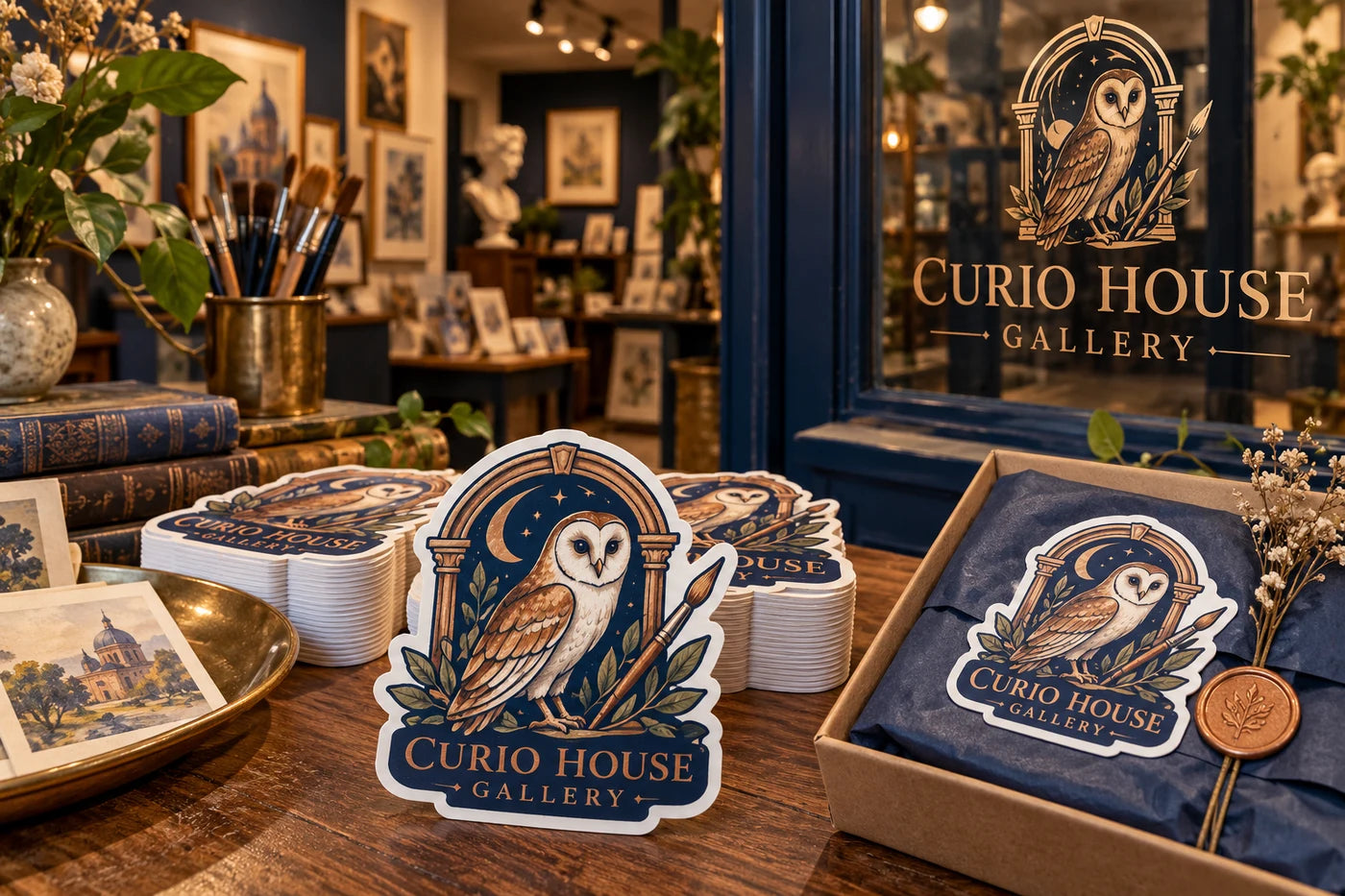 Curio House Gallery fictional example storefront with custom lettering and stickers