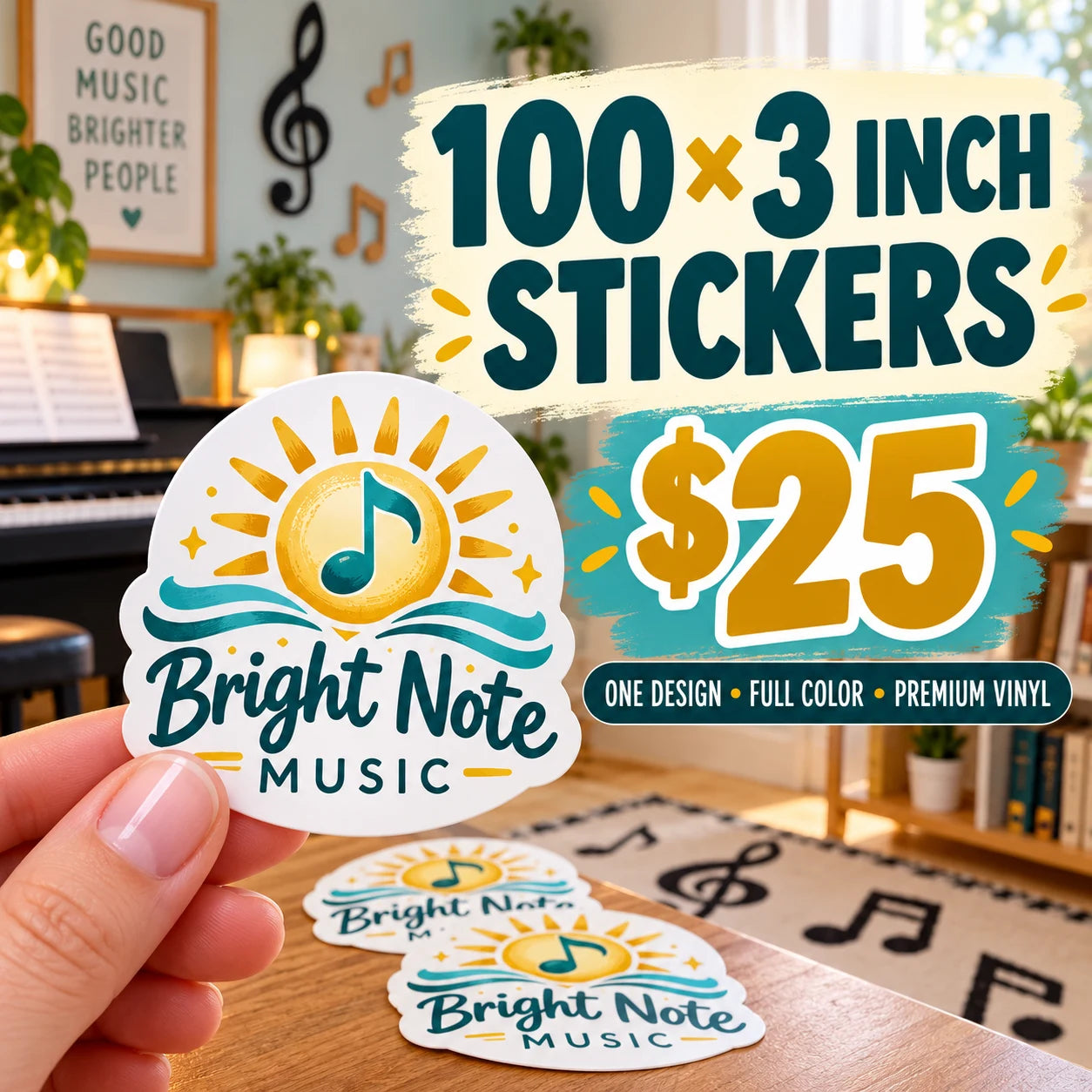 Bright Note Music fictional example: 100 custom 3 inch stickers for $25