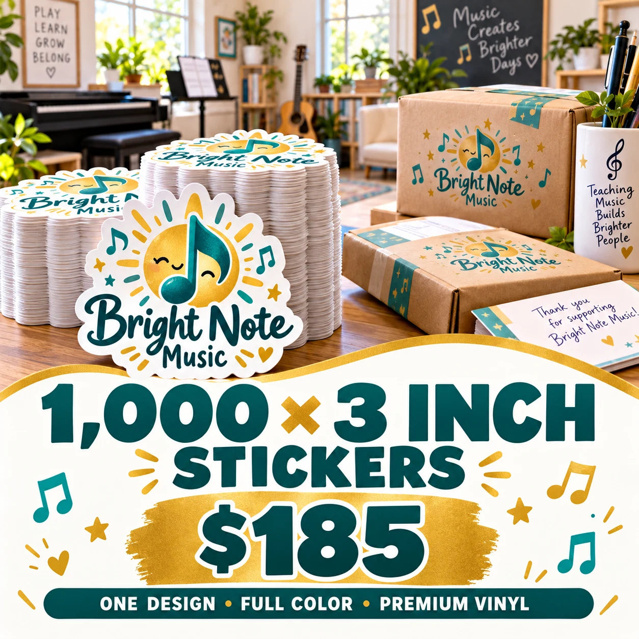 Bright Note Music fictional example: 1000 custom 3 inch stickers for $185