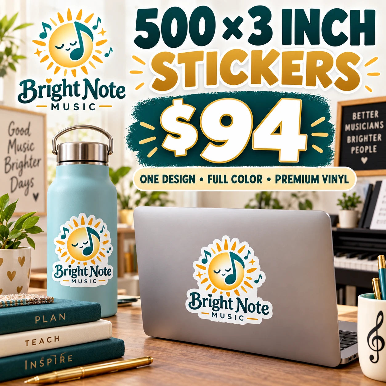 Bright Note Music fictional example: 500 custom 3 inch stickers for $94