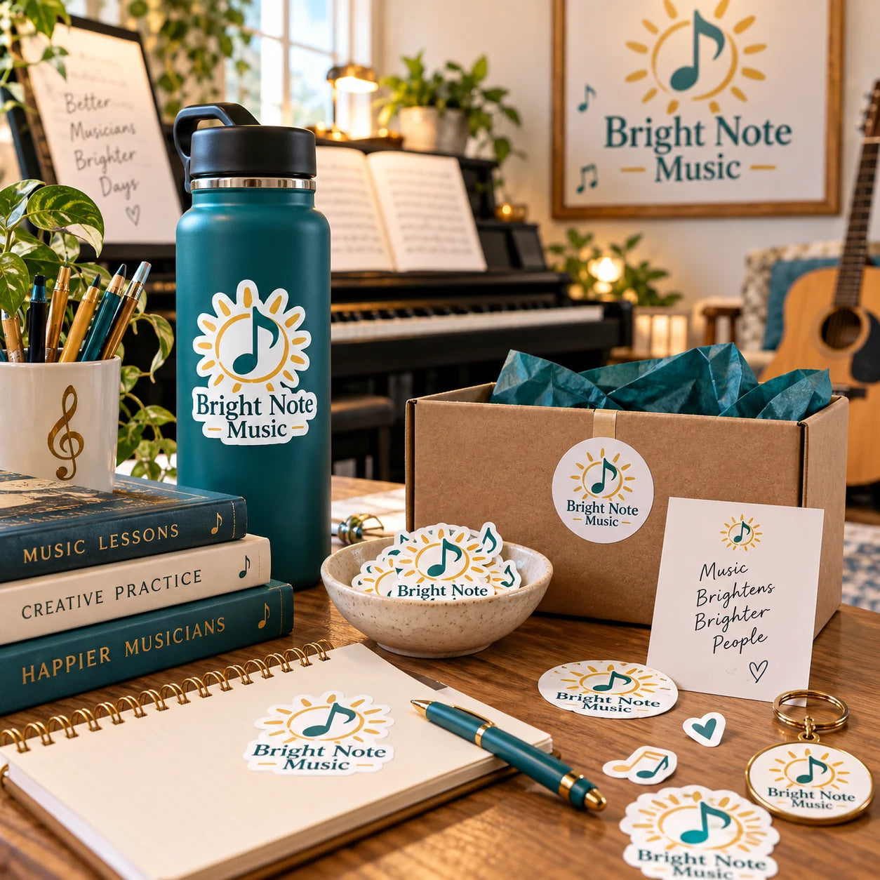 Bright Note Music fictional example storefront with custom lettering and stickers