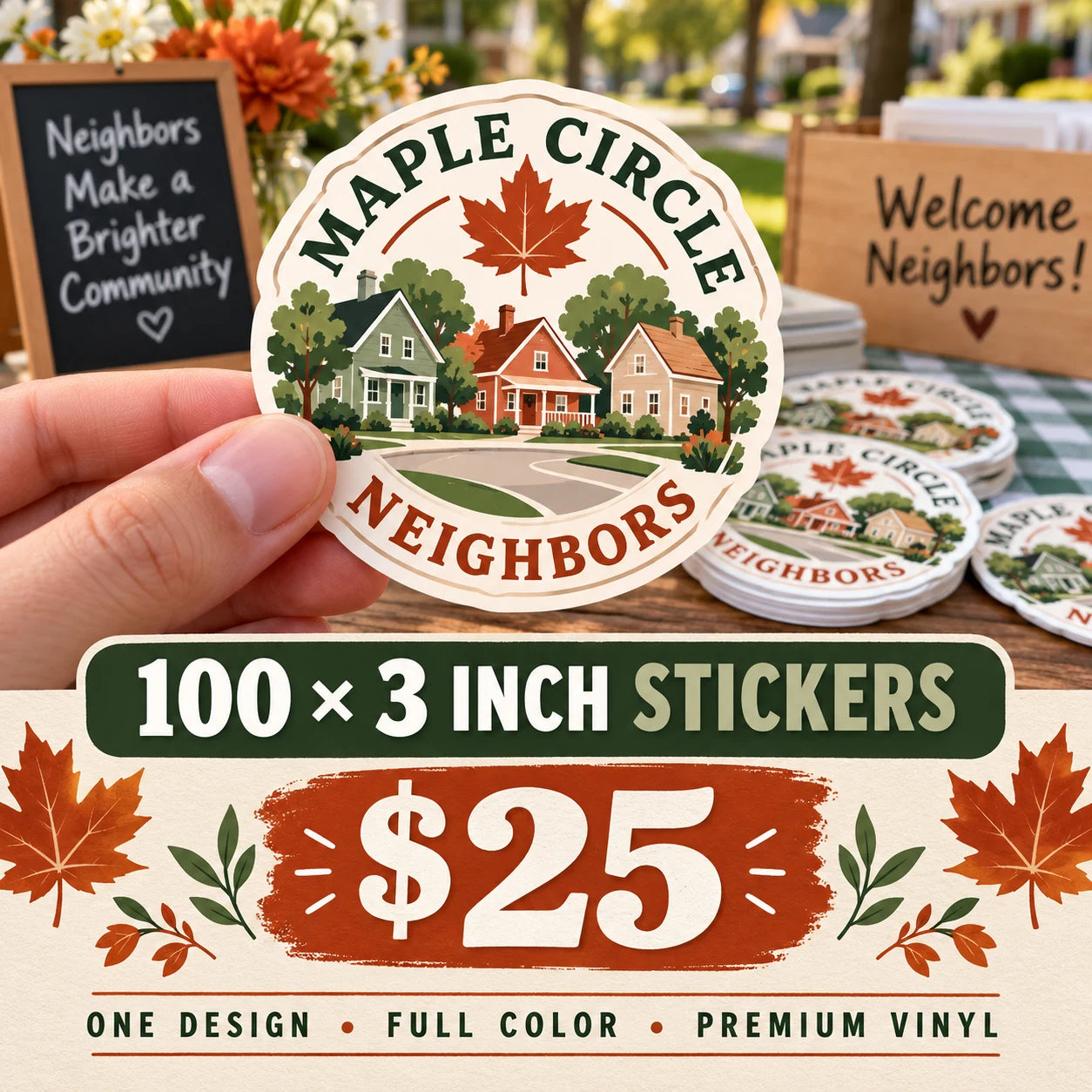 Maple Circle Neighbors fictional example: 100 custom 3 inch stickers for $25