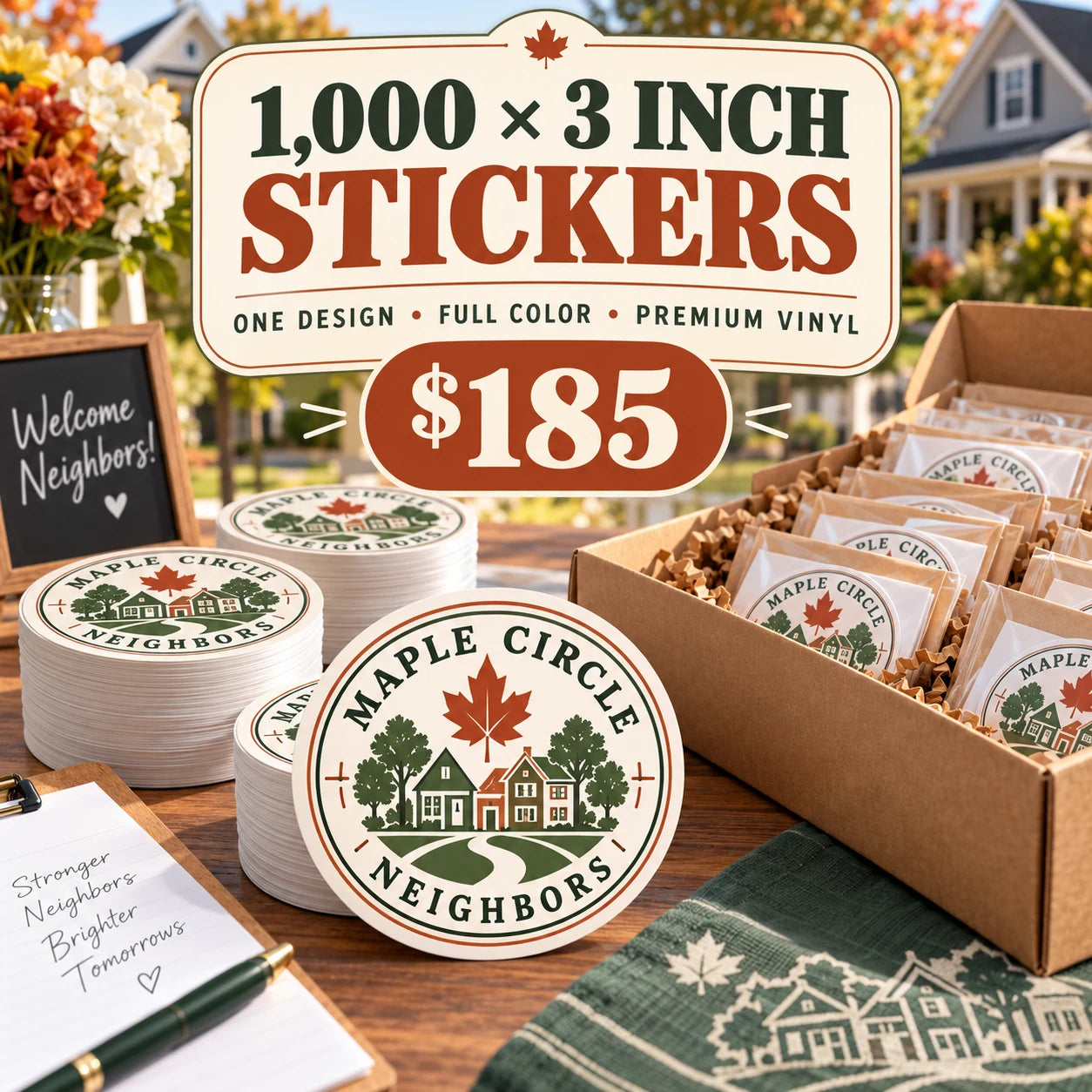 Maple Circle Neighbors fictional packaging and sticker ideas