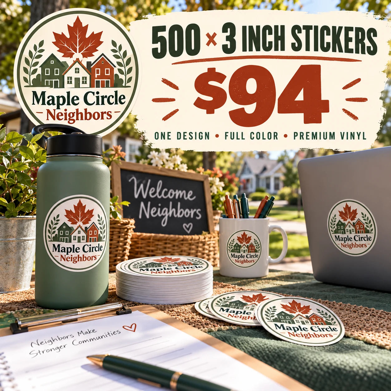 Maple Circle Neighbors fictional example: 500 custom 3 inch stickers for $94
