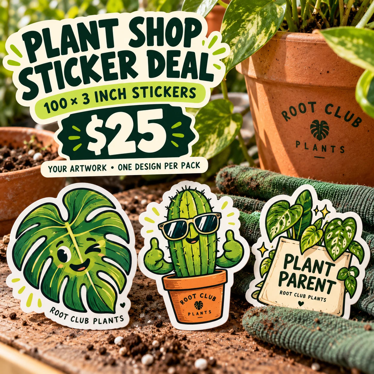 Root Club Plants fictional example: 100 custom 3 inch stickers for $25