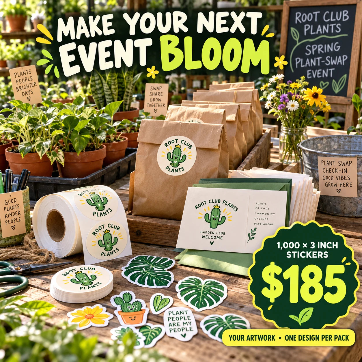 Root Club Plants fictional packaging and sticker ideas