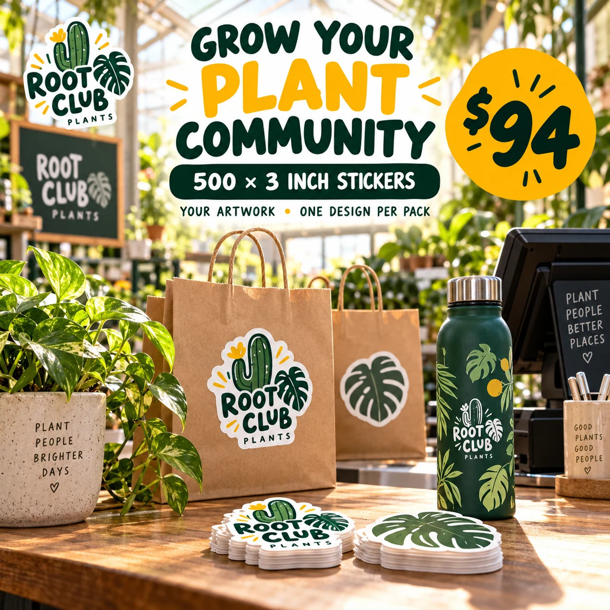 Root Club Plants fictional example: 500 custom 3 inch stickers for $94