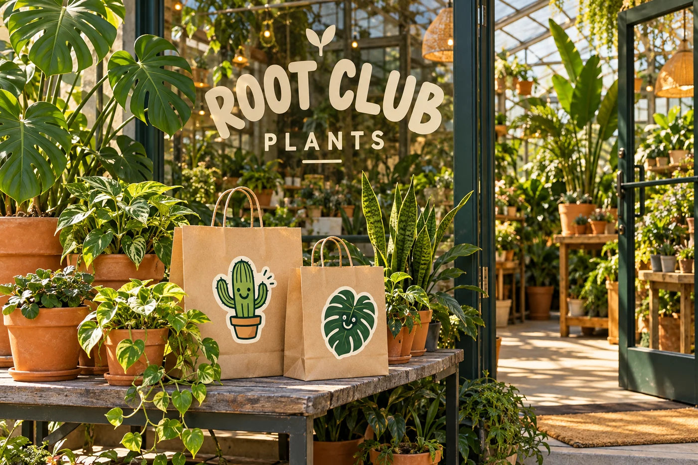 Root Club Plants fictional example storefront with custom lettering and stickers