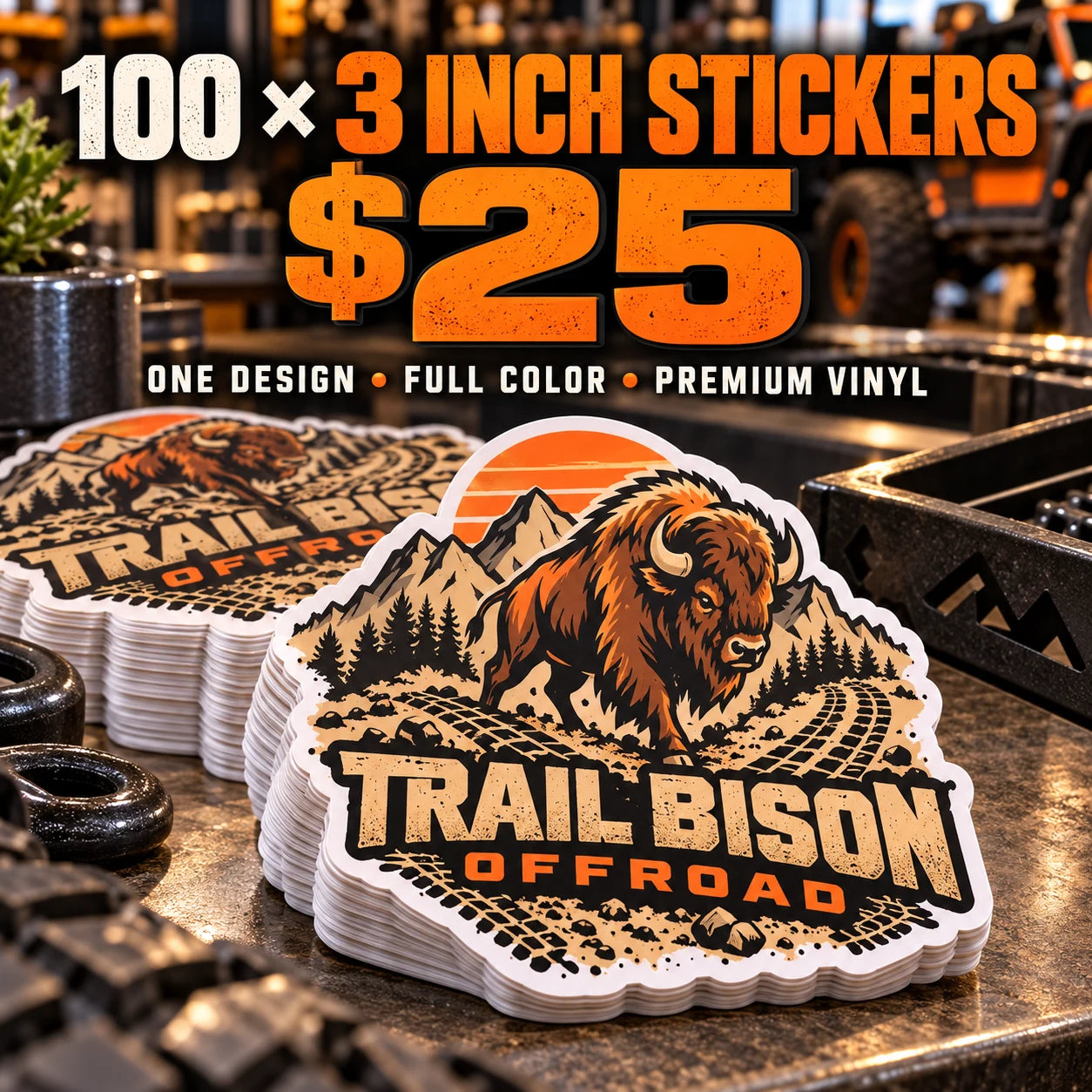 Trail Bison Offroad fictional example: 100 custom 3 inch stickers for $25