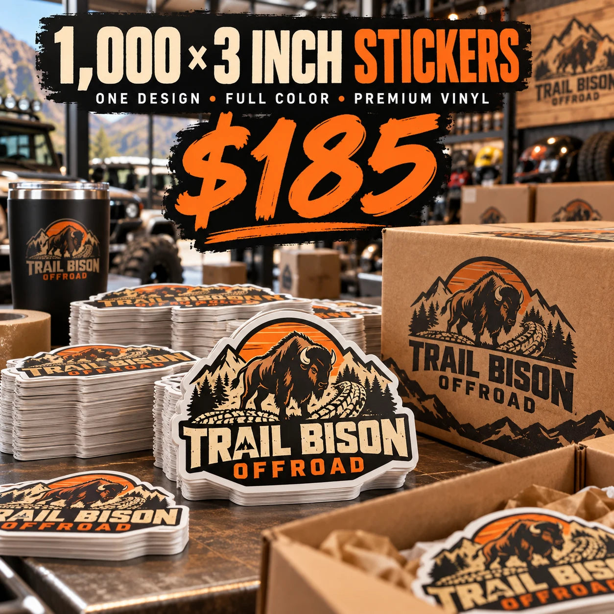 Trail Bison Offroad fictional example: 1000 custom 3 inch stickers for $185