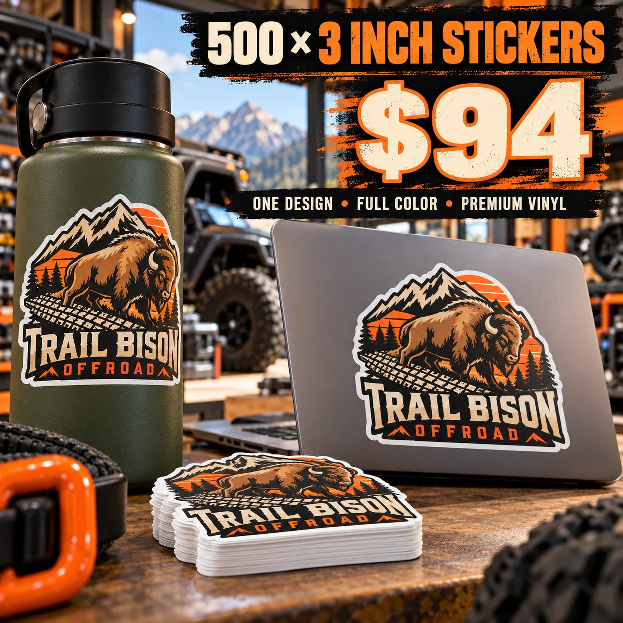 Trail Bison Offroad fictional example: 500 custom 3 inch stickers for $94