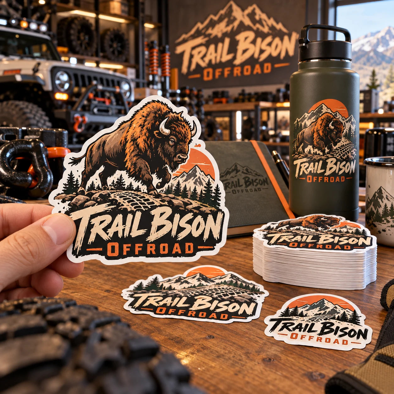 Trail Bison Offroad fictional example storefront with custom lettering and stickers