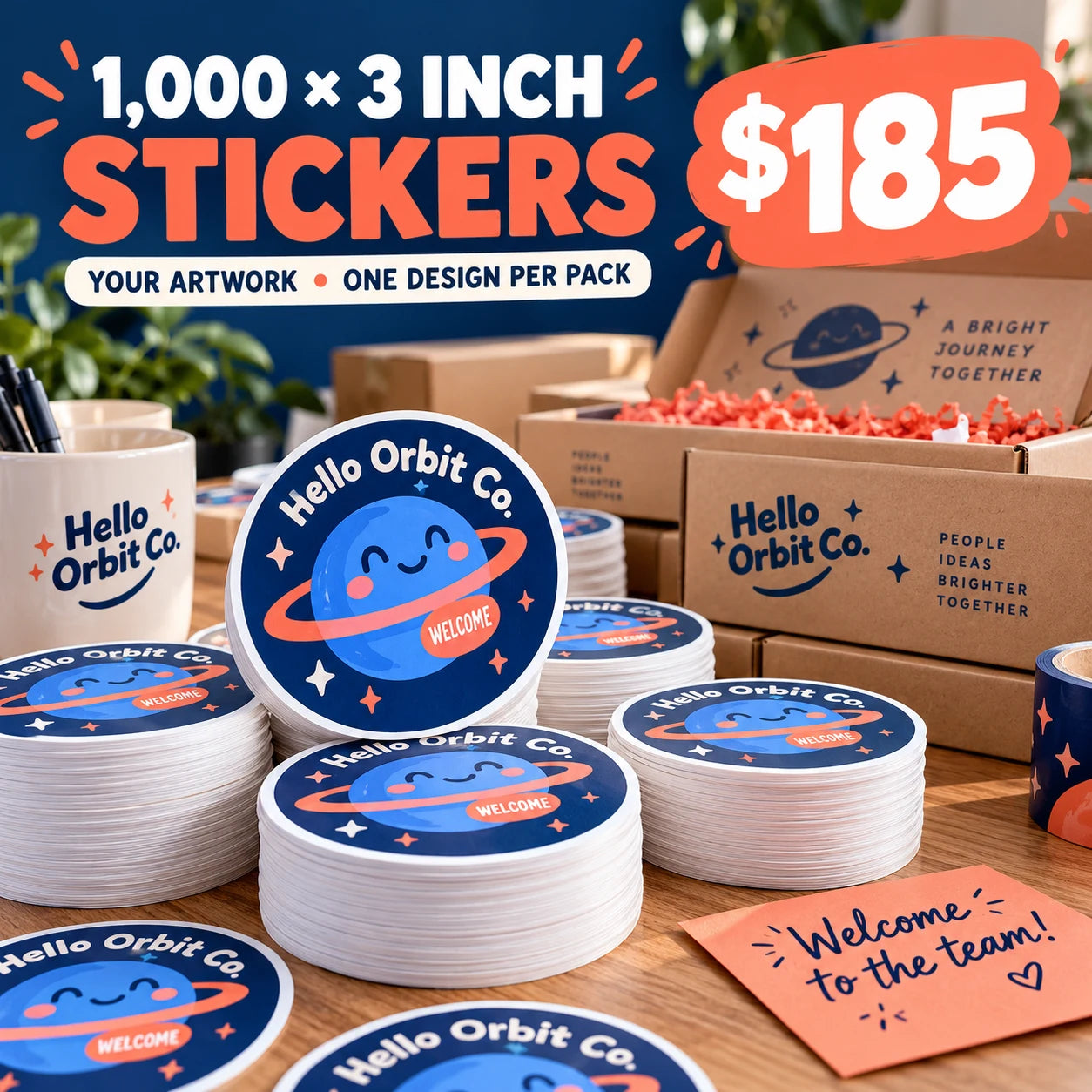 Hello Orbit Co. fictional packaging and sticker ideas