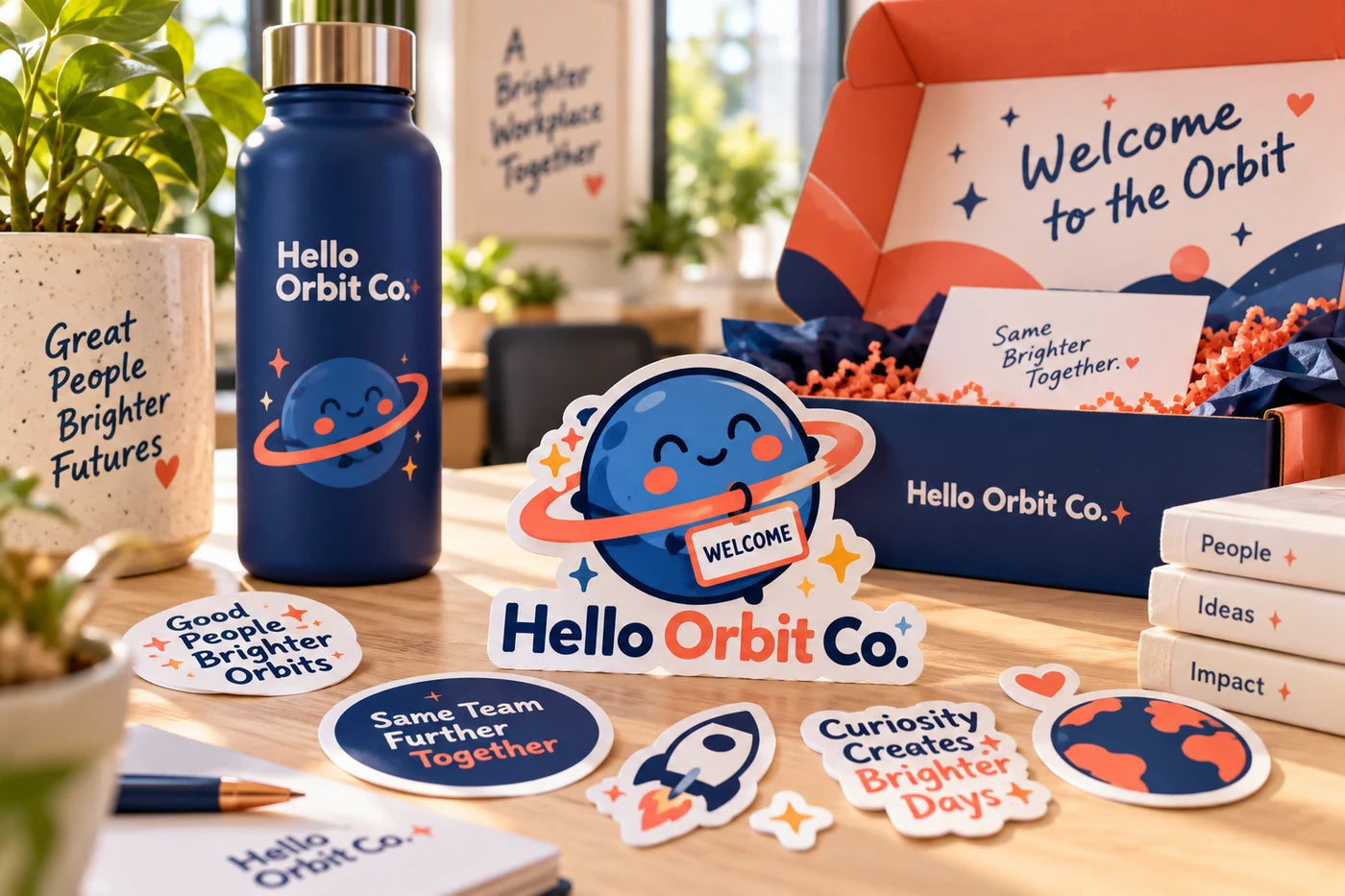 Hello Orbit Co. fictional example storefront with custom lettering and stickers
