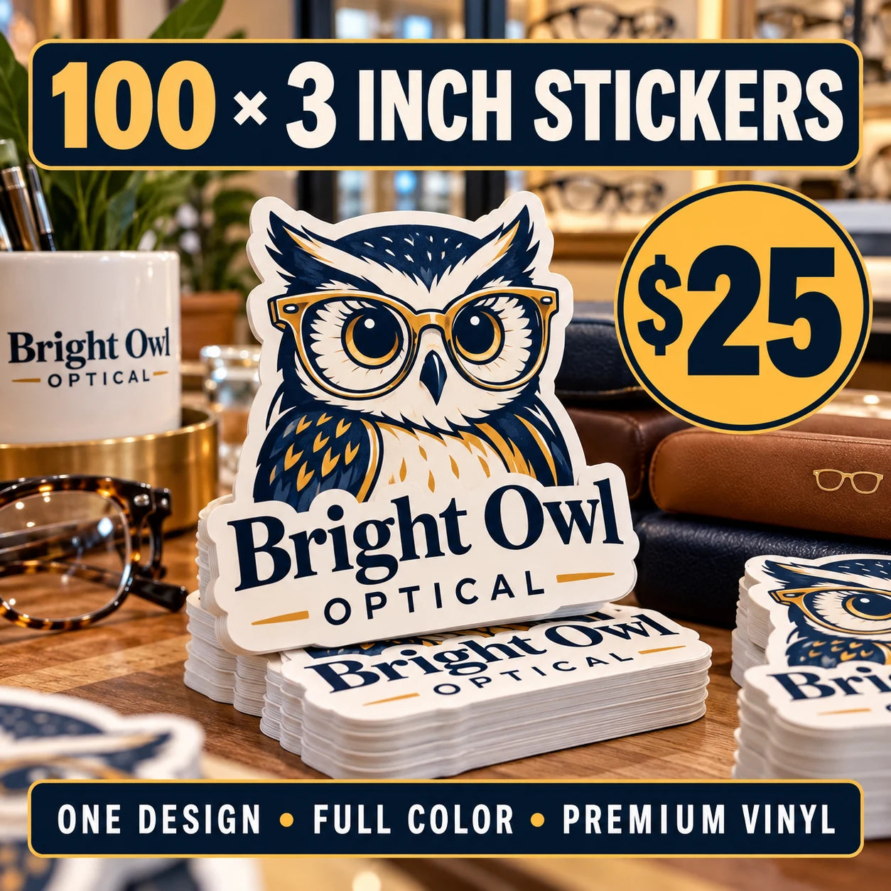 Bright Owl Optical fictional example: 100 custom 3 inch stickers for $25