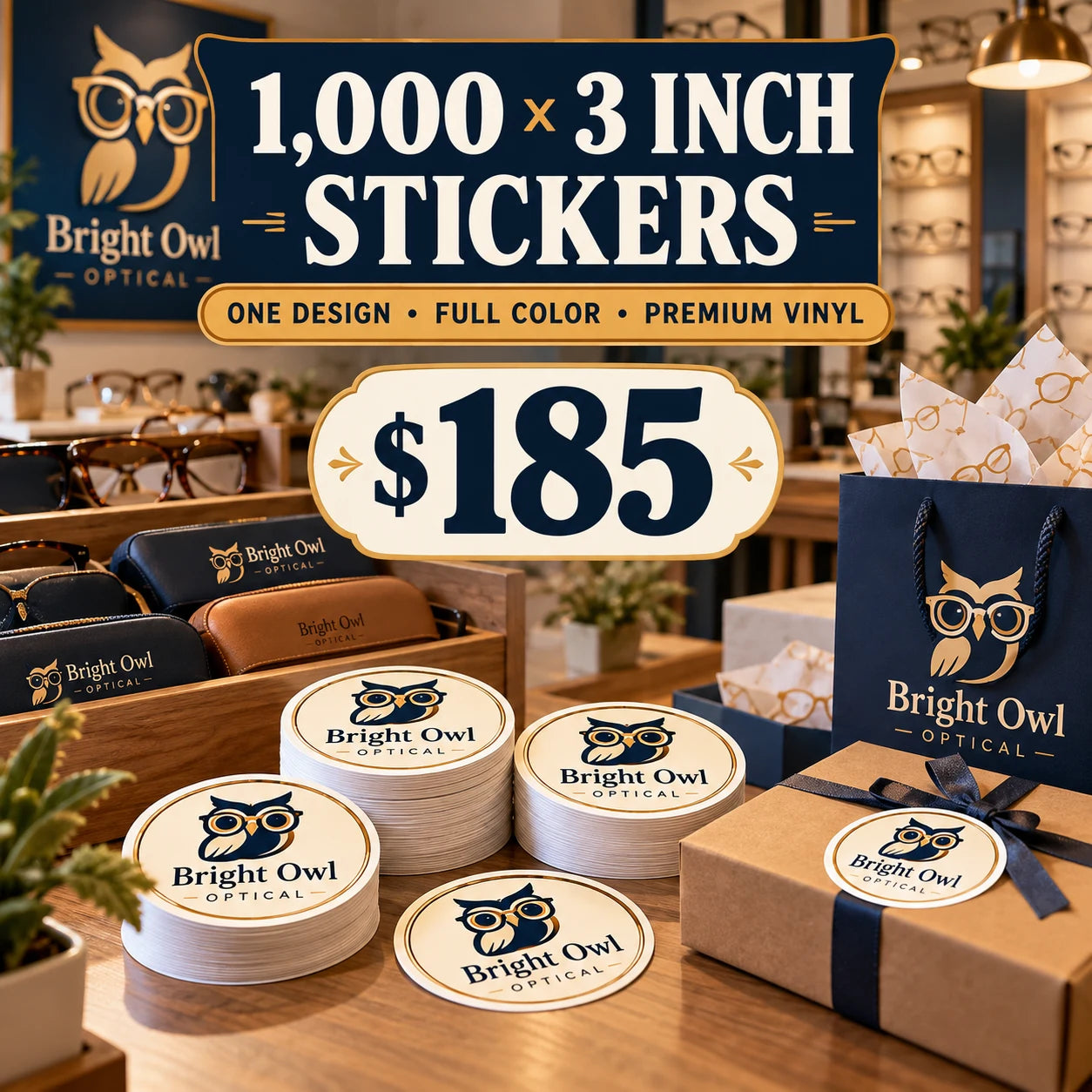 Bright Owl Optical fictional packaging and sticker ideas