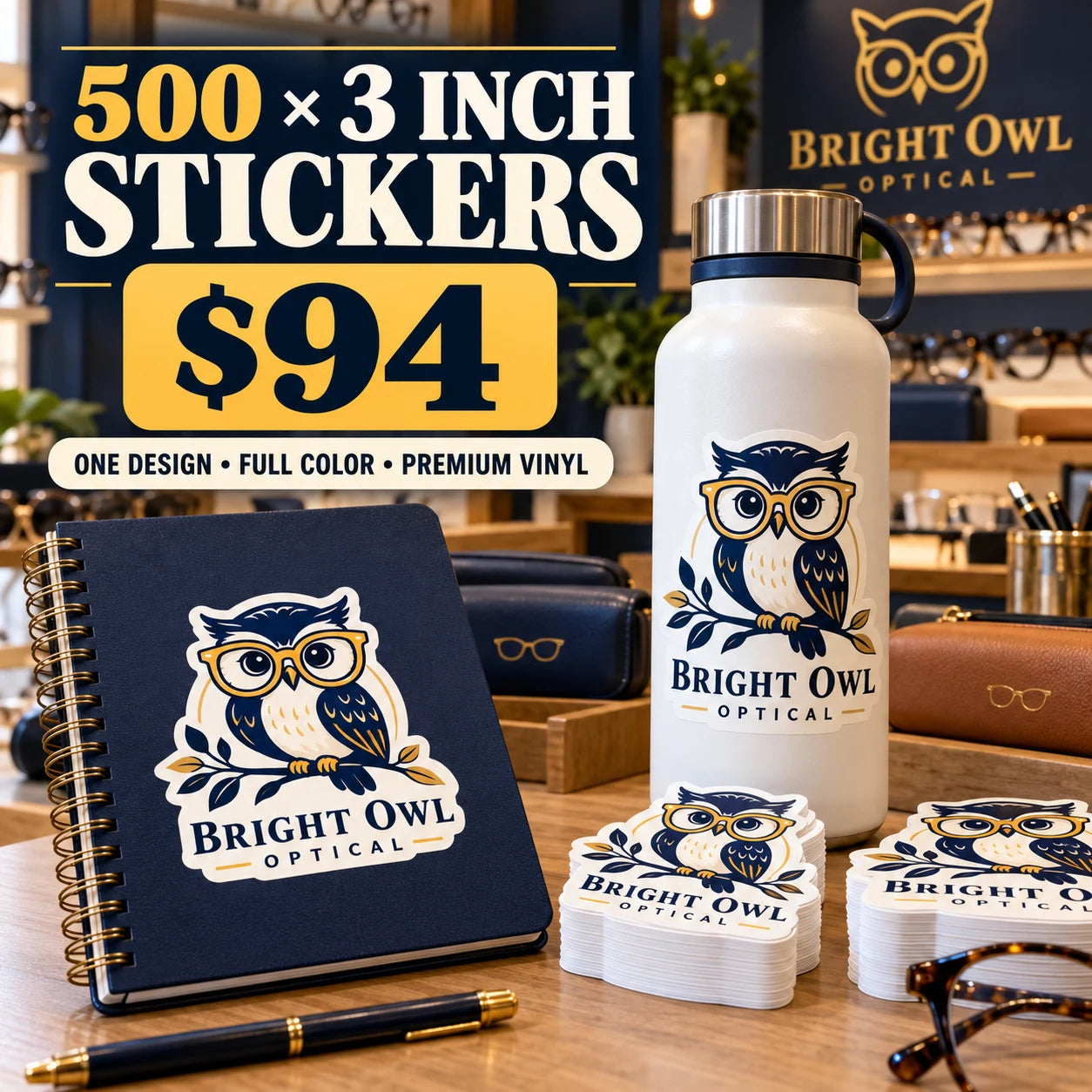 Bright Owl Optical fictional example: 500 custom 3 inch stickers for $94