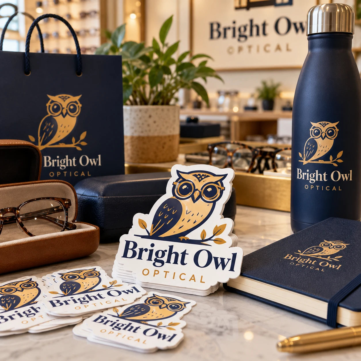 Bright Owl Optical fictional example storefront with custom lettering and stickers