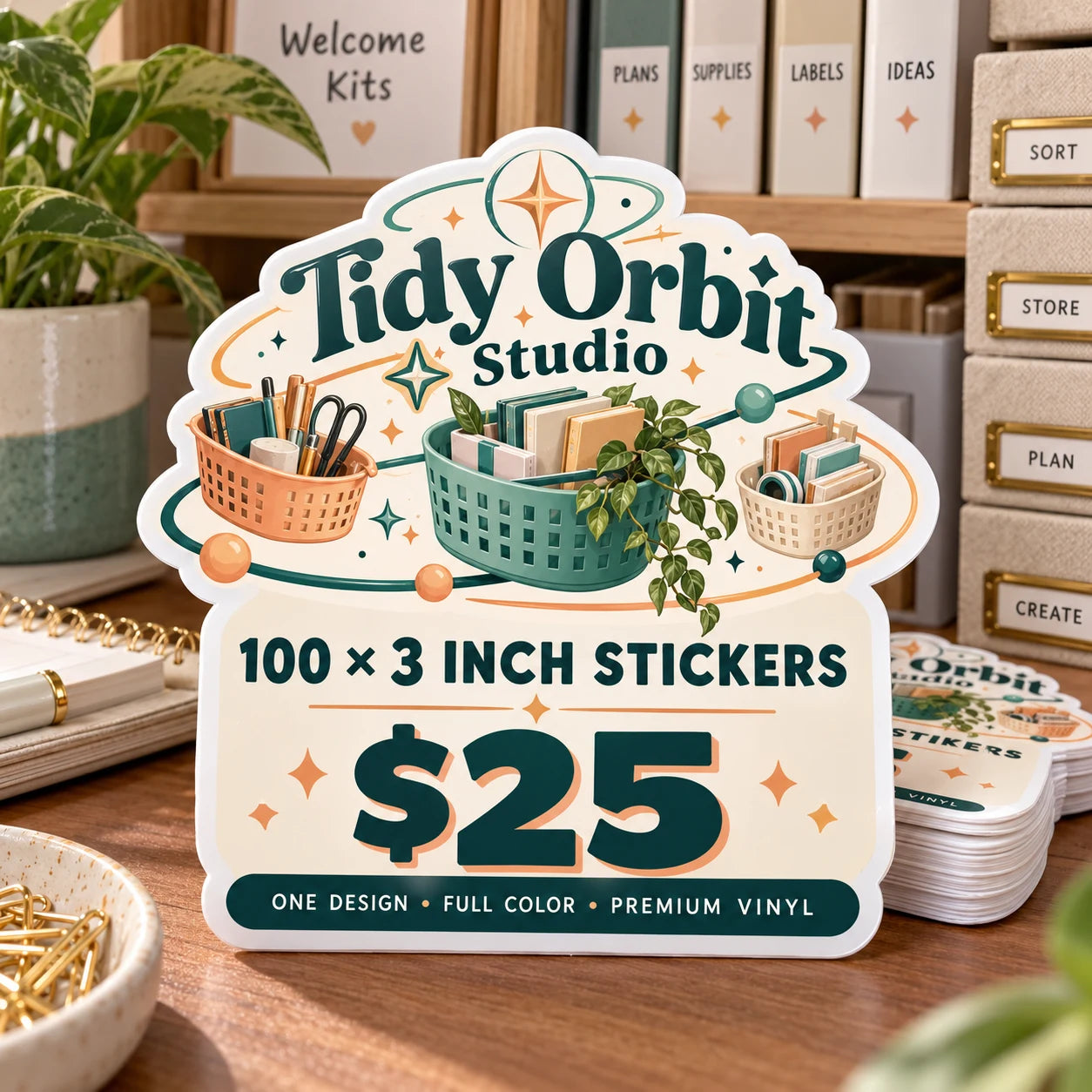 Tidy Orbit Studio fictional example: 100 custom 3 inch stickers for $25