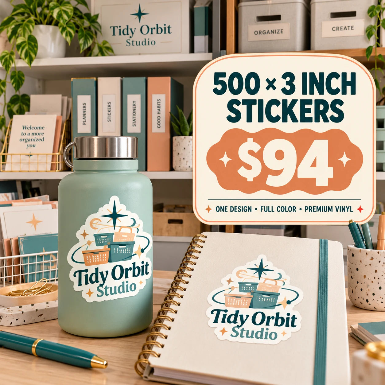 Tidy Orbit Studio fictional example: 500 custom 3 inch stickers for $94