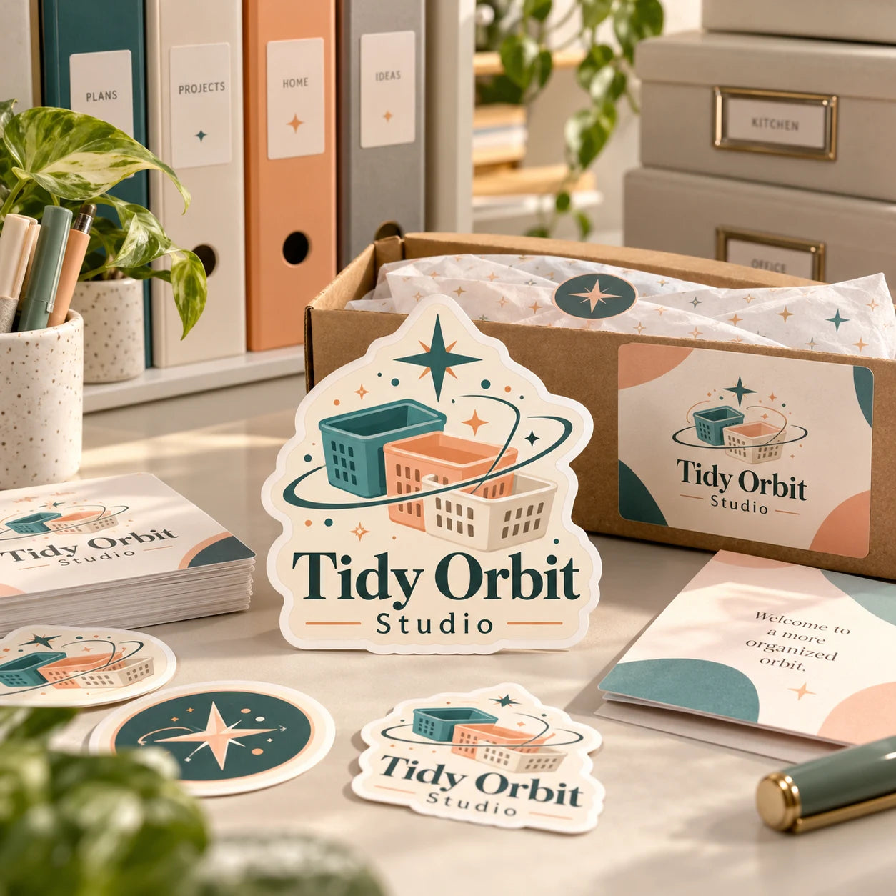 Tidy Orbit Studio fictional example storefront with custom lettering and stickers