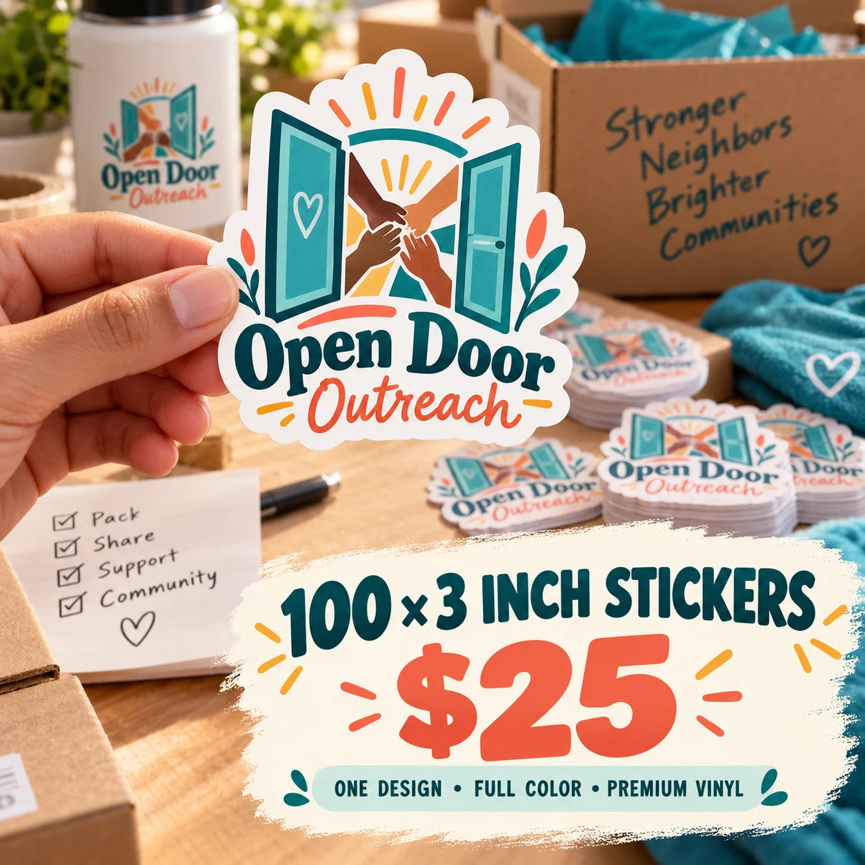 Open Door Outreach fictional example: 100 custom 3 inch stickers for $25