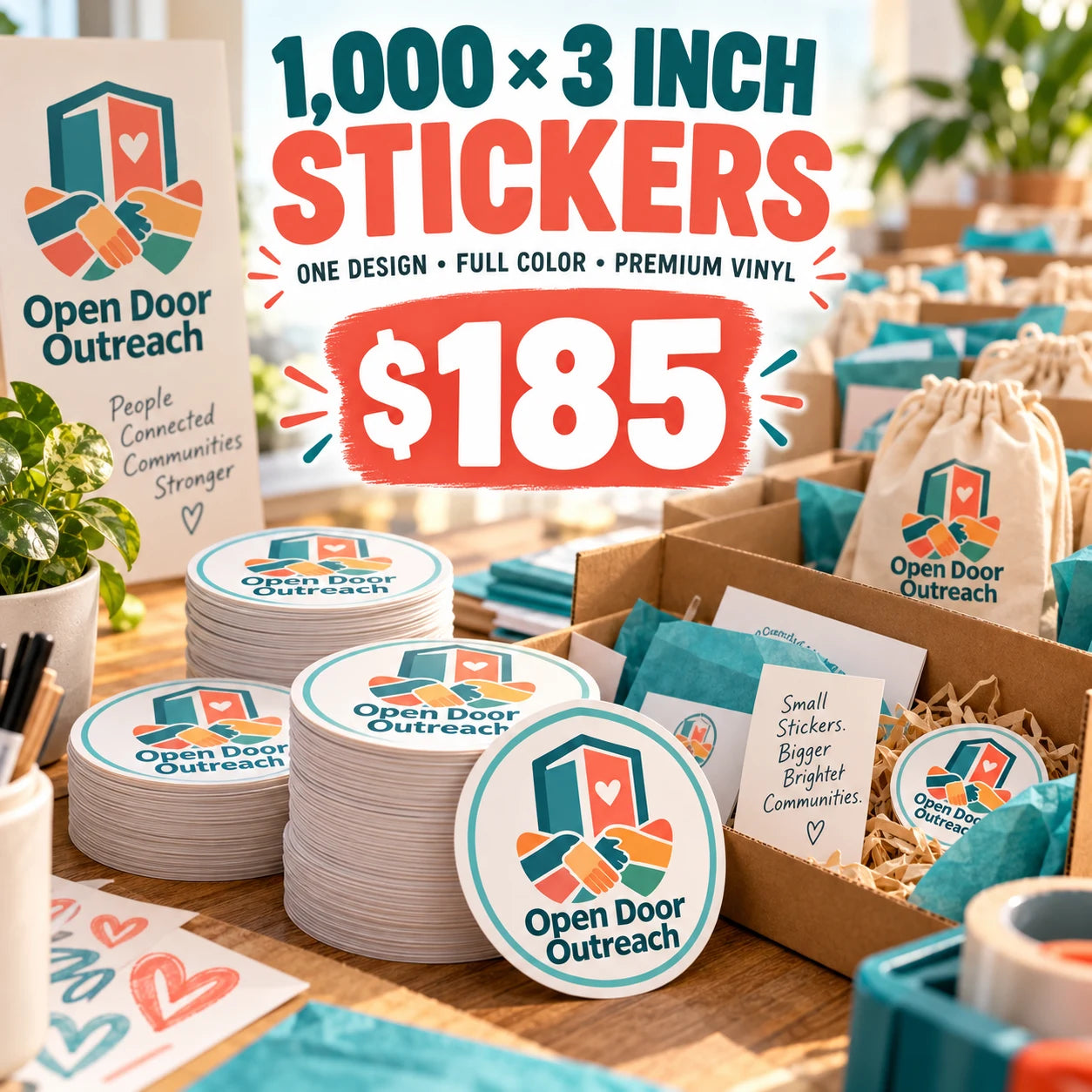 Open Door Outreach fictional example: 1000 custom 3 inch stickers for $185