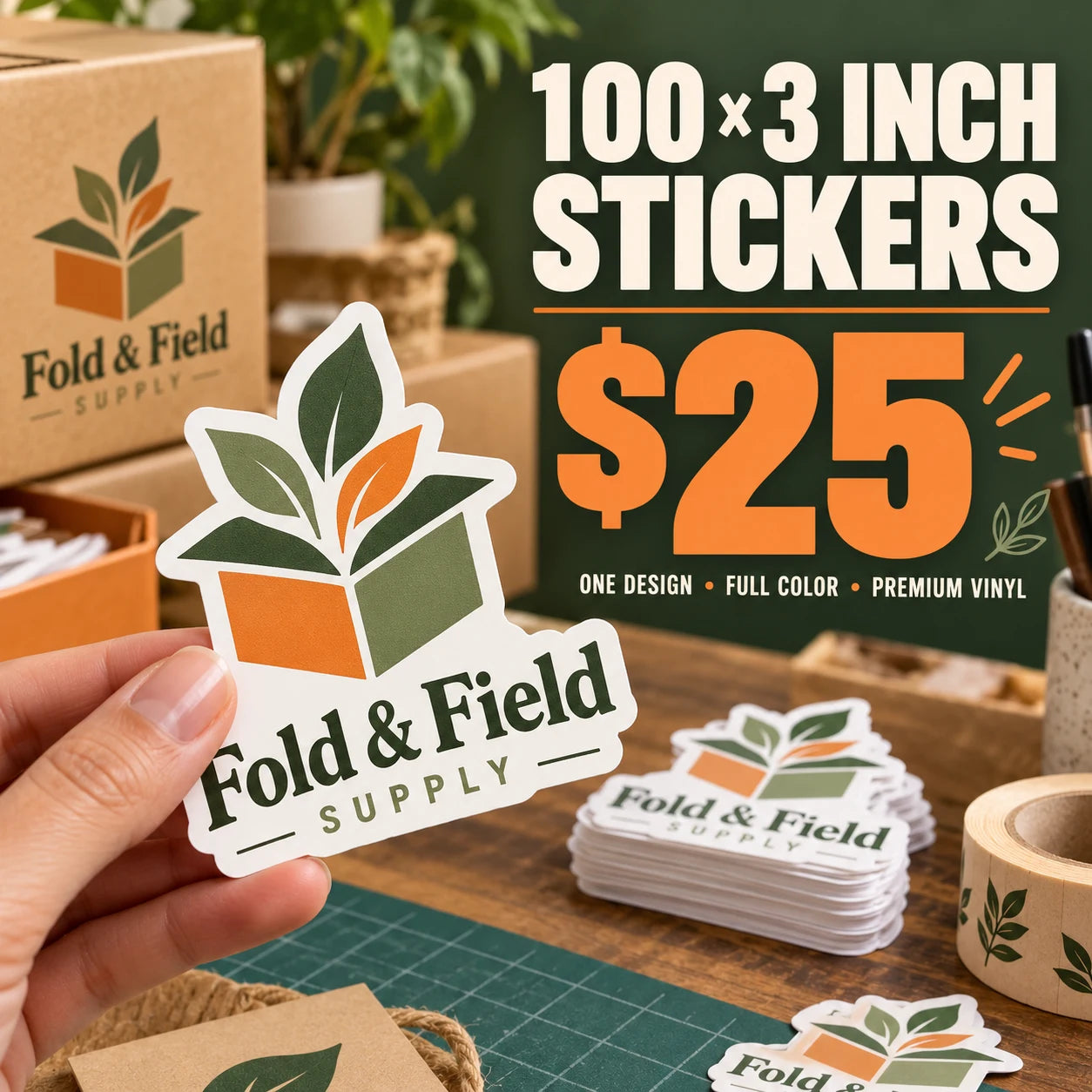 Fold & Field Supply fictional example: 100 custom 3 inch stickers for $25