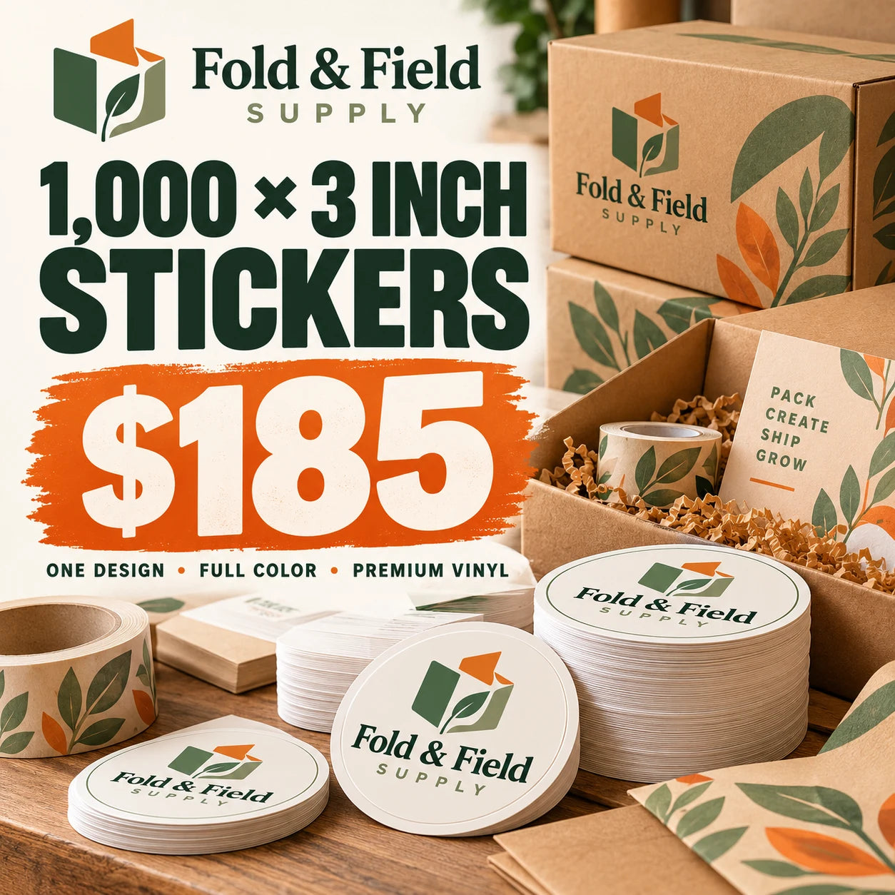 Fold & Field Supply fictional example: 1000 custom 3 inch stickers for $185