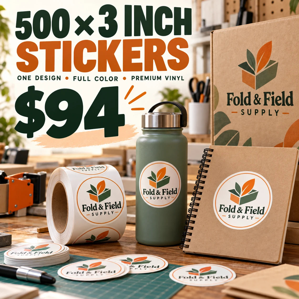 Fold & Field Supply fictional example: 500 custom 3 inch stickers for $94
