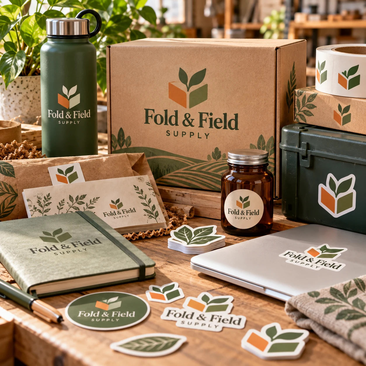 Fold & Field Supply fictional example storefront with custom lettering and stickers