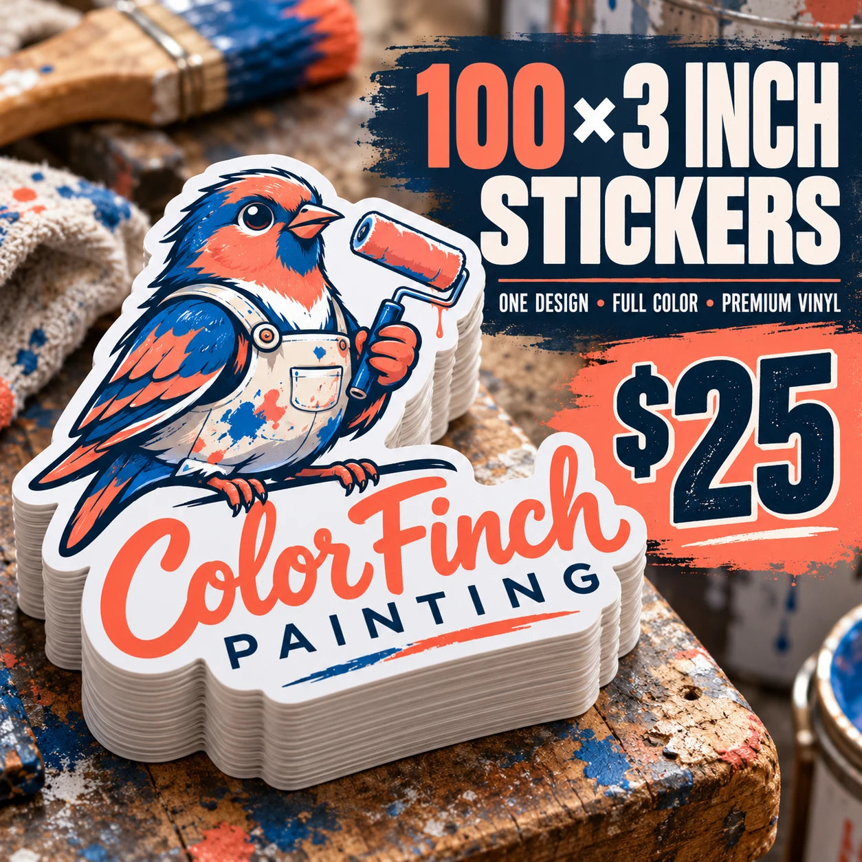 Color Finch Painting fictional example: 100 custom 3 inch stickers for $25