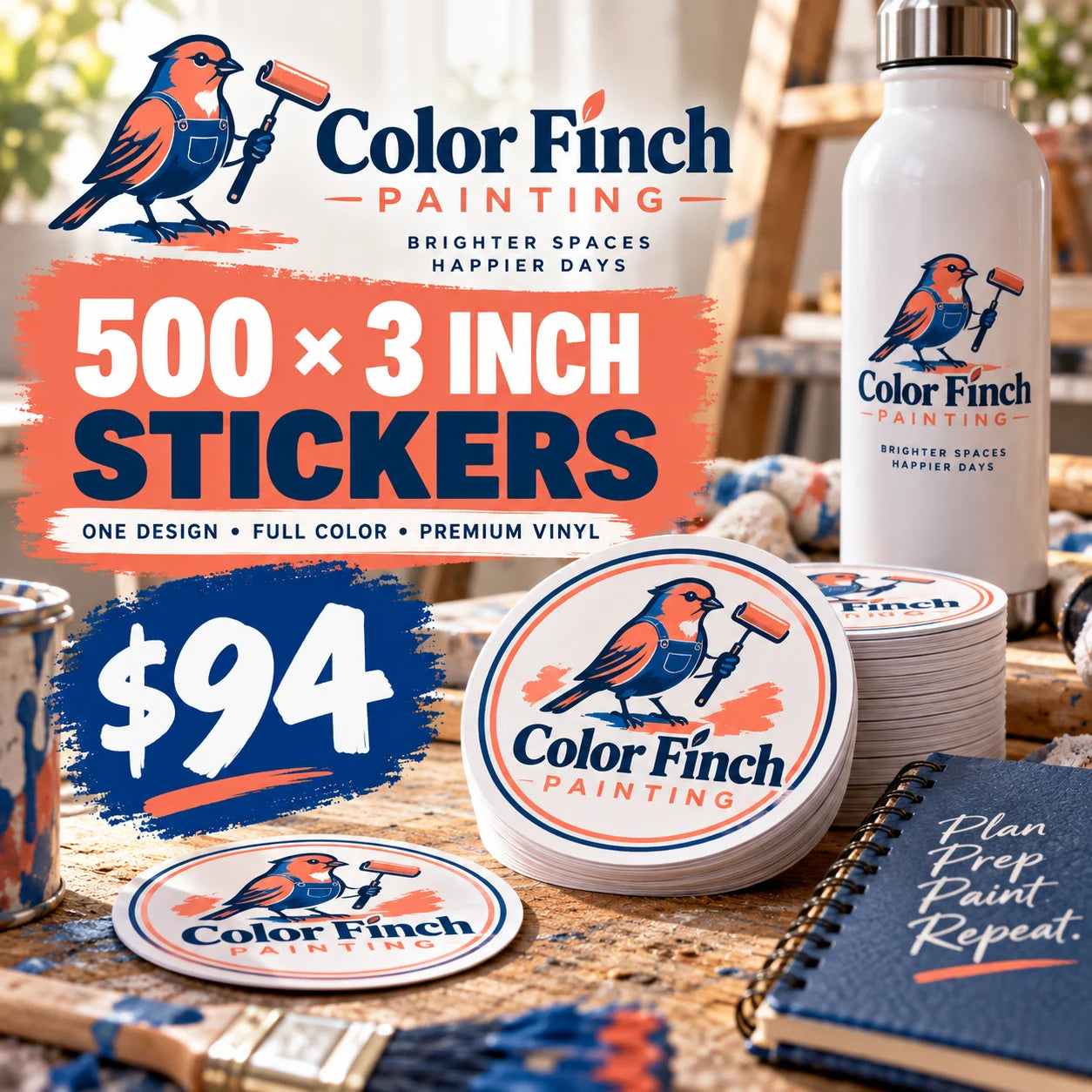 Color Finch Painting fictional example: 500 custom 3 inch stickers for $94