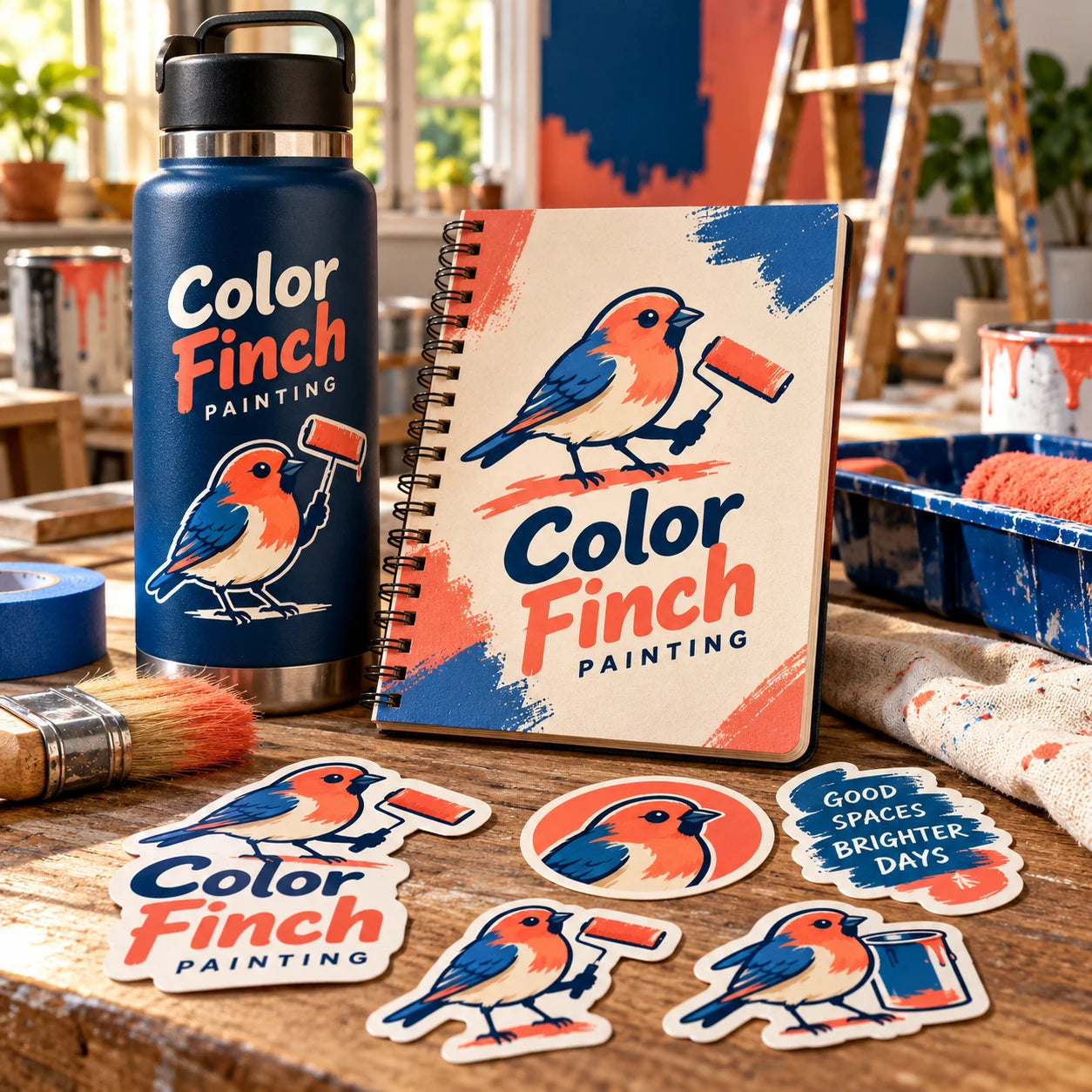 Color Finch Painting fictional example storefront with custom lettering and stickers