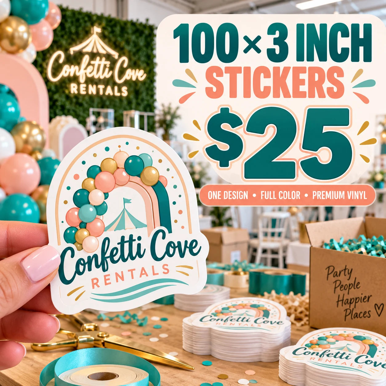 Confetti Cove Rentals fictional example: 100 custom 3 inch stickers for $25