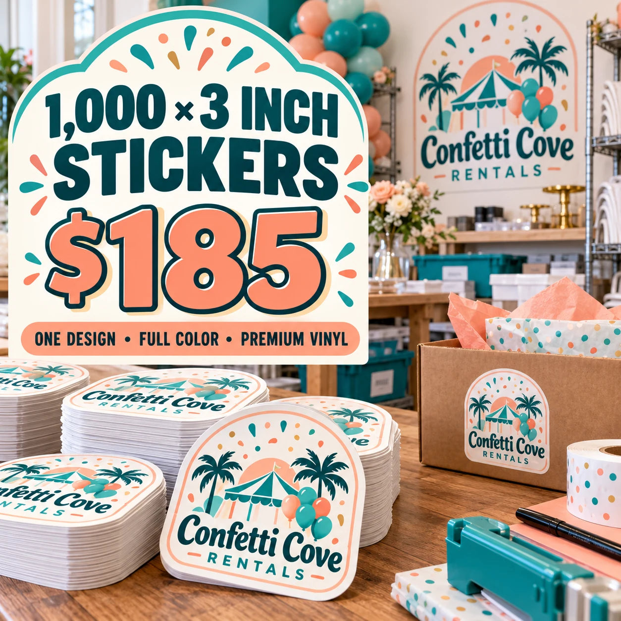 Confetti Cove Rentals fictional example: 1000 custom 3 inch stickers for $185