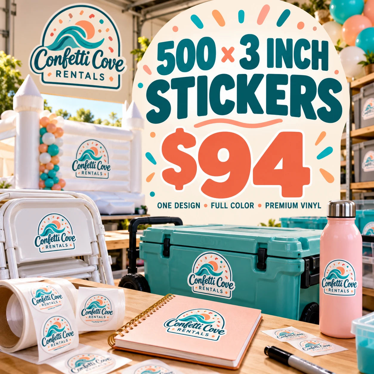 Confetti Cove Rentals fictional example: 500 custom 3 inch stickers for $94
