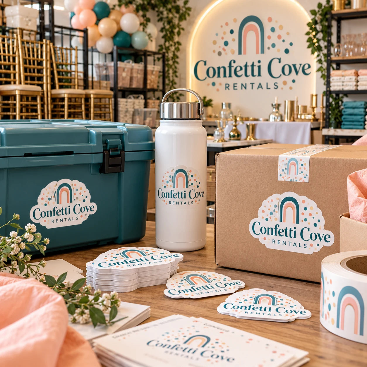 Confetti Cove Rentals fictional example storefront with custom lettering and stickers