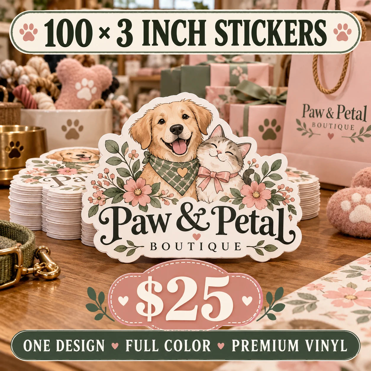 Paw & Petal Boutique fictional example: 100 custom 3 inch stickers for $25