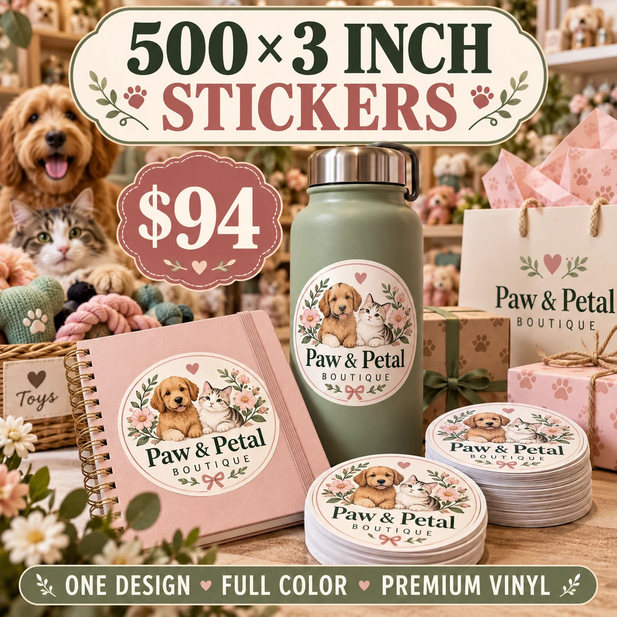 Paw & Petal Boutique fictional example: 500 custom 3 inch stickers for $94