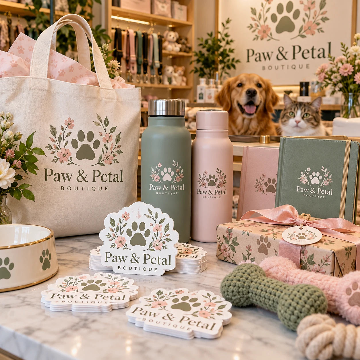 Paw & Petal Boutique fictional example storefront with custom lettering and stickers