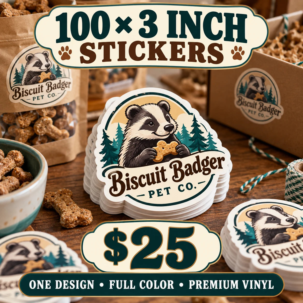 Biscuit Badger Pet Co. fictional example: 100 custom 3 inch stickers for $25
