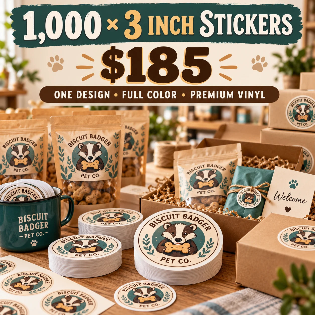 Biscuit Badger Pet Co. fictional packaging and sticker ideas