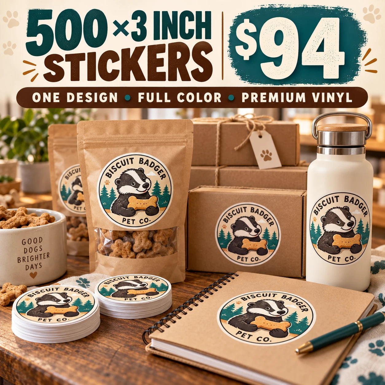 Biscuit Badger Pet Co. fictional example: 500 custom 3 inch stickers for $94