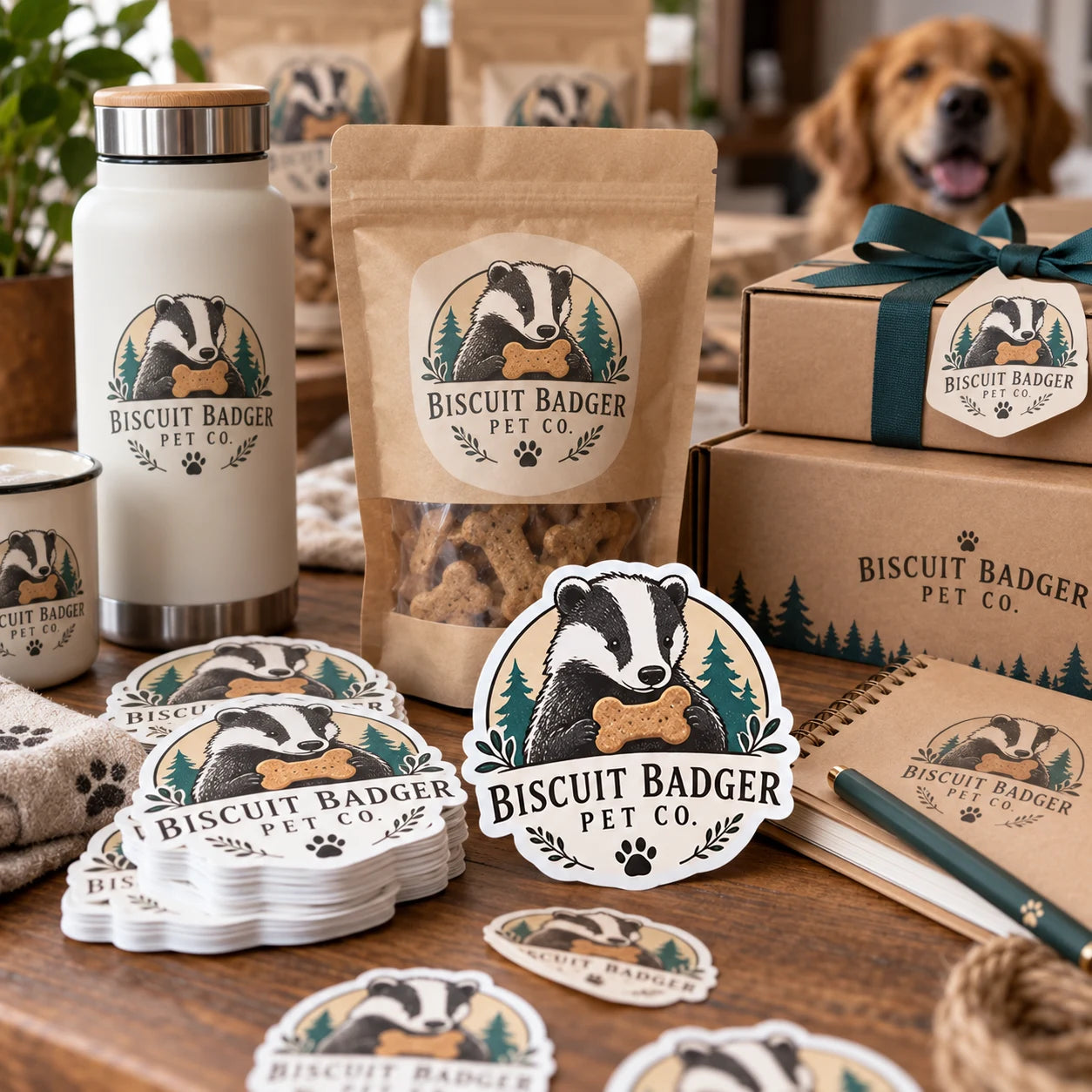 Biscuit Badger Pet Co. fictional example storefront with custom lettering and stickers