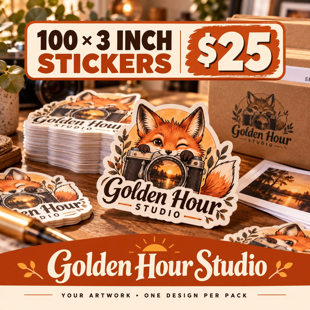 Golden Hour Studio fictional example: 100 custom 3 inch stickers for $25