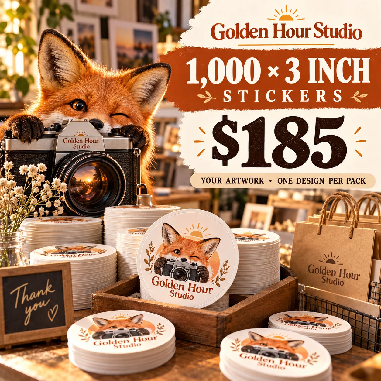 Golden Hour Studio fictional example: 1000 custom 3 inch stickers for $185