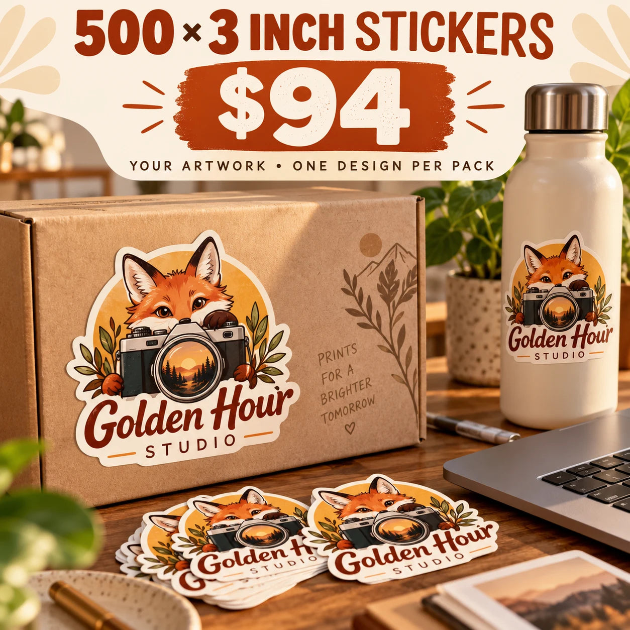Golden Hour Studio fictional example: 500 custom 3 inch stickers for $94